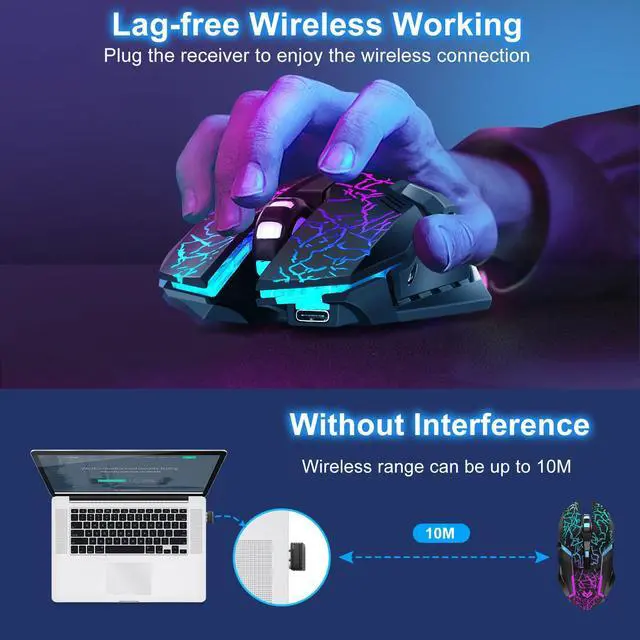 Alt view image 2 of 7 - Wireless Gaming Mouse,Rechargeable Computer Mouse with Type-C Fast Charging, Ergonomic Mouse with 3 Adjustable DPI, 6 Silent Buttons, LED Light, Long Battery Life for Laptop, PC, Mac