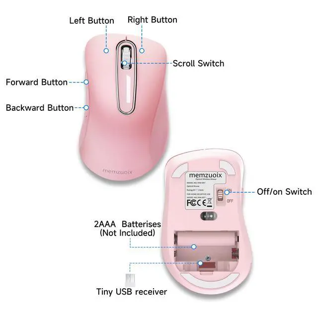 Alt view image 3 of 7 - memzuoix 2.4G Portable Wireless Mouse, 1400 DPI Mobile Optical Cordless Mice with USB Receiver for Computer, Laptop, PC, Desktop, MacBook, 5 Buttons (Pink)