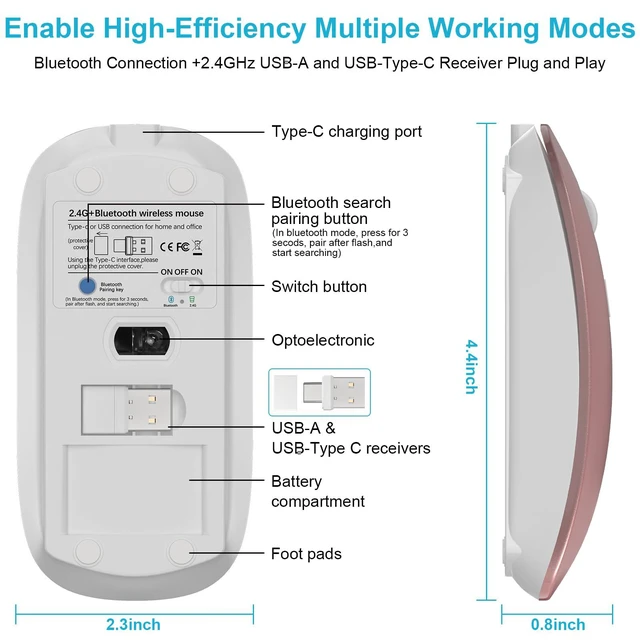 Alt view image 4 of 6 - Mouse for MacBook Wireless Bluetooth Mice Laptop Mac Pro PC iPad Dual Mode