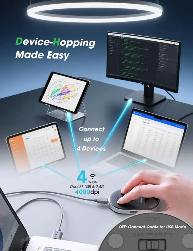 Alt view image 6 of 7 - Pressure-Sensitive Infinite Free-Scroll Mouse | Small, Slim & Silent | 4000 DPI | Tri-Mode (Dual Bluetooth/2.4G/USB Wired) | Mini Portable Wireless Travel Mouse for Laptop, MacBook, iPad, PC