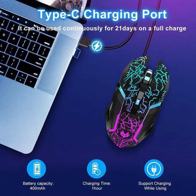 Alt view image 4 of 7 - Wireless Gaming Mouse,Rechargeable Computer Mouse with Type-C Fast Charging, Ergonomic Mouse with 3 Adjustable DPI, 6 Silent Buttons, LED Light, Long Battery Life for Laptop, PC, Mac