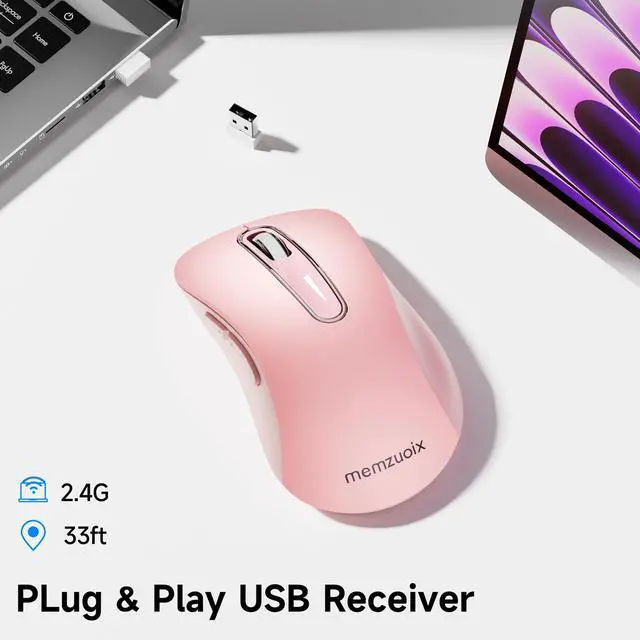 Alt view image 5 of 7 - memzuoix 2.4G Portable Wireless Mouse, 1400 DPI Mobile Optical Cordless Mice with USB Receiver for Computer, Laptop, PC, Desktop, MacBook, 5 Buttons (Pink)