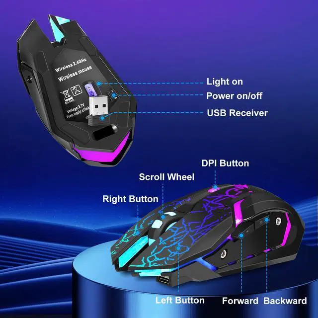 Alt view image 5 of 7 - Wireless Gaming Mouse,Rechargeable Computer Mouse with Type-C Fast Charging, Ergonomic Mouse with 3 Adjustable DPI, 6 Silent Buttons, LED Light, Long Battery Life for Laptop, PC, Mac