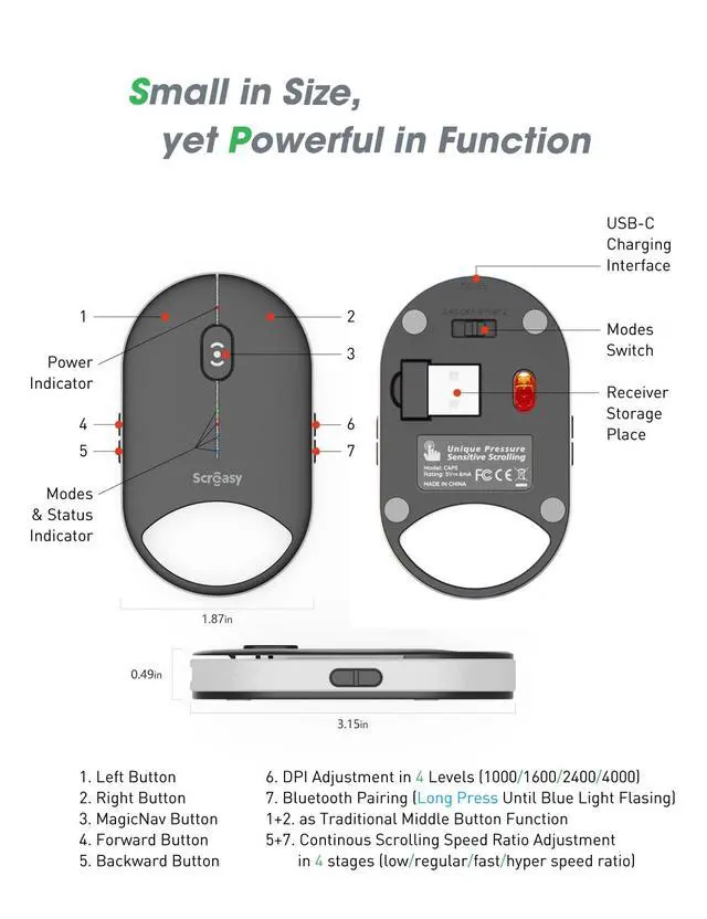 Alt view image 7 of 7 - Pressure-Sensitive Infinite Free-Scroll Mouse | Small, Slim & Silent | 4000 DPI | Tri-Mode (Dual Bluetooth/2.4G/USB Wired) | Mini Portable Wireless Travel Mouse for Laptop, MacBook, iPad, PC