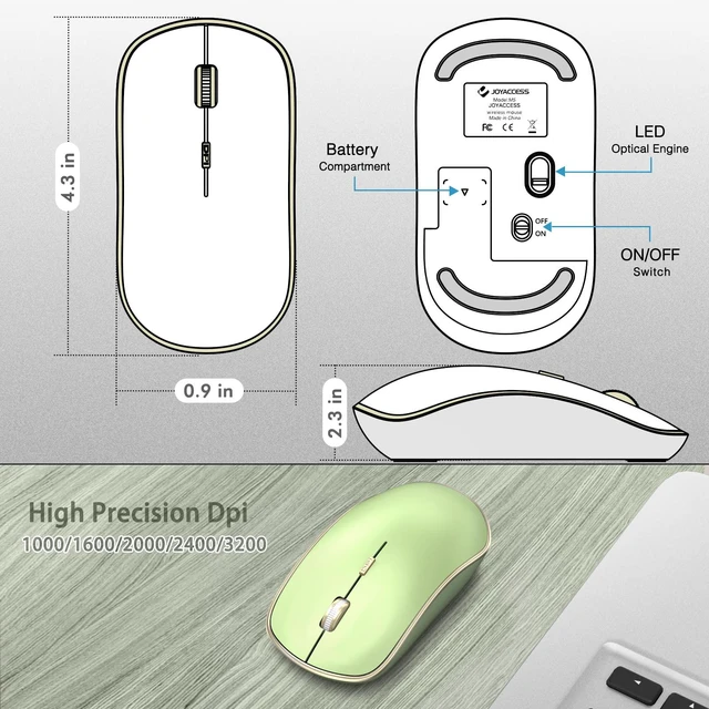 Alt view image 4 of 7 - JOYACCESS J 2.4G Slim Wireless Silent Mouse - Portable Wireless Computer Mouse with 5 Adjustable DPI Levels, USB for Desktop, Notebook, MacBook, Chromebook, PC (Light Green)