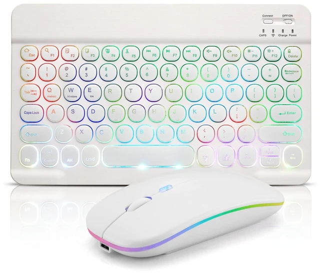 Main image of Ultra-Slim Lightweight Bluetooth Keyboard and Mouse Portable Mini Wireless Keyboard Rechargeable 7-Color Backlit for Apple iPad iPhone,Tablet iPhone Smartphone iOS Android Windows,Round Keys White