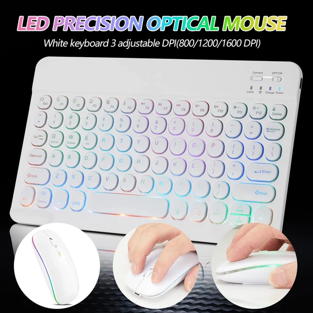 Alt view image 4 of 7 - Ultra-Slim Lightweight Bluetooth Keyboard and Mouse Portable Mini Wireless Keyboard Rechargeable 7-Color Backlit for Apple iPad iPhone,Tablet iPhone Smartphone iOS Android Windows,Round Keys White