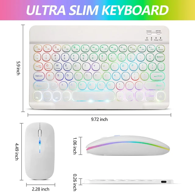 Alt view image 5 of 7 - Ultra-Slim Lightweight Bluetooth Keyboard and Mouse Portable Mini Wireless Keyboard Rechargeable 7-Color Backlit for Apple iPad iPhone,Tablet iPhone Smartphone iOS Android Windows,Round Keys White