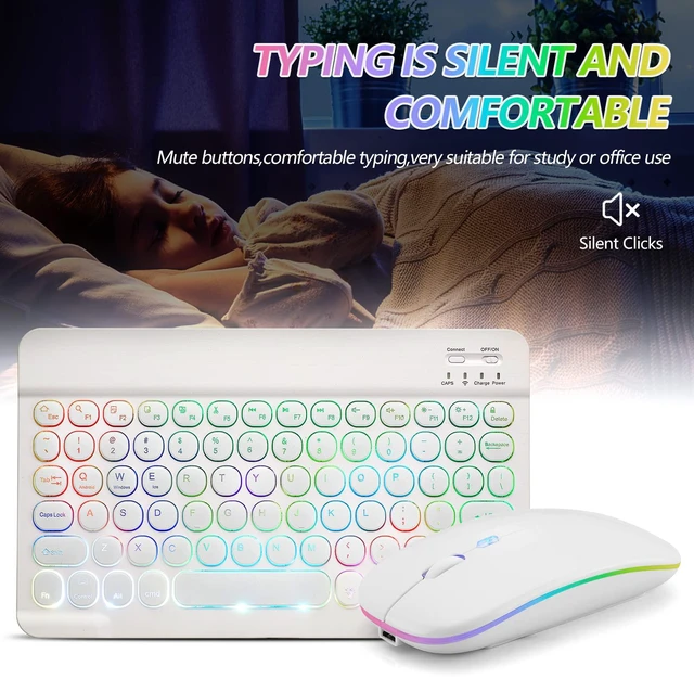 Alt view image 7 of 7 - Ultra-Slim Lightweight Bluetooth Keyboard and Mouse Portable Mini Wireless Keyboard Rechargeable 7-Color Backlit for Apple iPad iPhone,Tablet iPhone Smartphone iOS Android Windows,Round Keys White