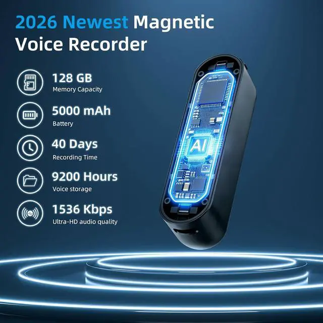 Alt view image 2 of 7 - 128G (9200 Hour) Magnetic Voice Activated Recorder,40 Days Continuous Recording Device,Audio Recorder with AI-Intelligent Triple Noise Reduction,Voice Recorder with Playback for Work Lectures Meeting