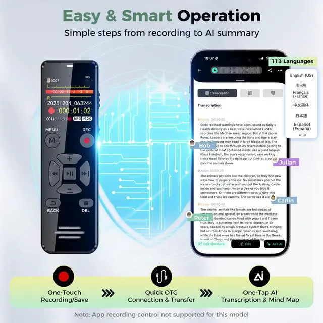Alt view image 2 of 7 - AI Digital Voice Recorder 128GB, Transcribe Summarize AI Note Taker
