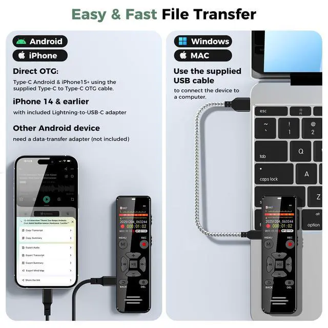 Alt view image 4 of 7 - AI Digital Voice Recorder 128GB, Transcribe Summarize AI Note Taker