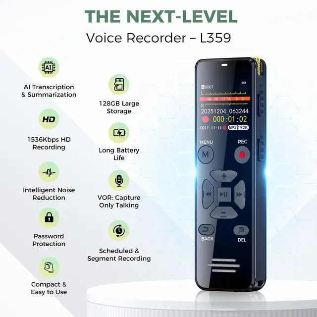 Alt view image 5 of 7 - AI Digital Voice Recorder 128GB, Transcribe Summarize AI Note Taker