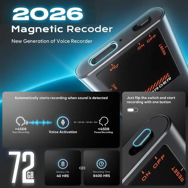 Alt view image 2 of 7 - Magnetic Voice Activated Recorder, 72G Dictaphone Recording Device with DSP 5.0-AI Noise Reduction for Lectures Meeting, Digital Voice Recorder with Playback, Classes, Interviews