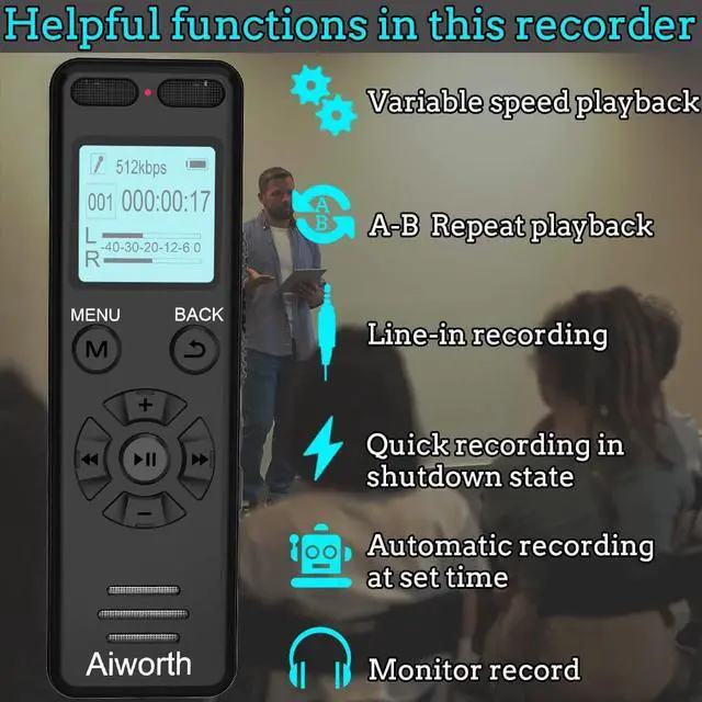 Alt view image 6 of 7 - 136GB Digital Voice Recorder Voice Activated Recorder for Lectures Meetings - aiworth 9860 Hours Sound Audio Recorder Dictaphone Recording Device with Playback,MP3 Player,Password,Variable Speed.
