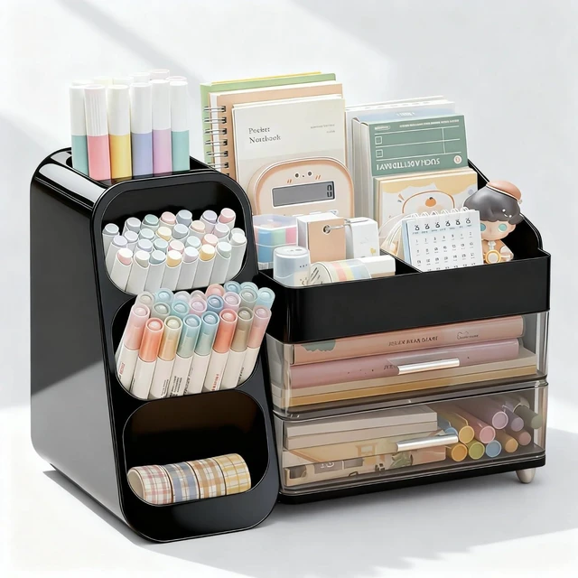 Main image of Desk Organizer with Pen Pencil Holder, Pen Organizer with 2 Drawers & 4 Compartments, Desktop Organizers and Storage for Office Home School Art Supplies (Black)