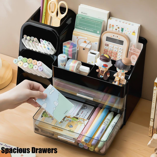 Alt view image 2 of 7 - Desk Organizer with Pen Pencil Holder, Pen Organizer with 2 Drawers & 4 Compartments, Desktop Organizers and Storage for Office Home School Art Supplies (Black)