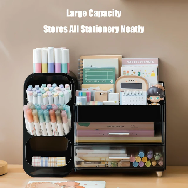 Alt view image 3 of 7 - Desk Organizer with Pen Pencil Holder, Pen Organizer with 2 Drawers & 4 Compartments, Desktop Organizers and Storage for Office Home School Art Supplies (Black)