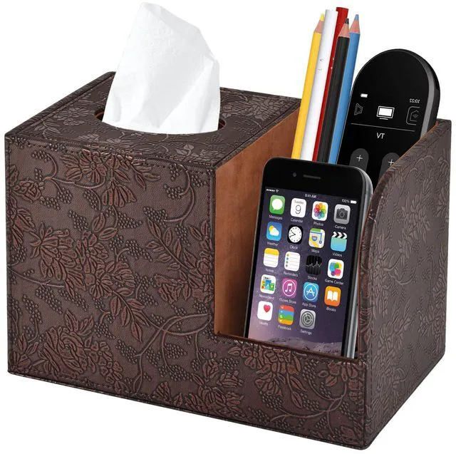 Main image of PU Leather Tissue Box Cover Square Tissue Holder Tissues Box Organizer with 2 Compartment,Remote Control Holder,Multifunctional Decorative Tissue Box Covers Cube,Home Office Desktop Storage Box,Retro