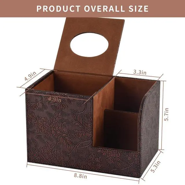 Alt view image 2 of 6 - PU Leather Tissue Box Cover Square Tissue Holder Tissues Box Organizer with 2 Compartment,Remote Control Holder,Multifunctional Decorative Tissue Box Covers Cube,Home Office Desktop Storage Box,Retro