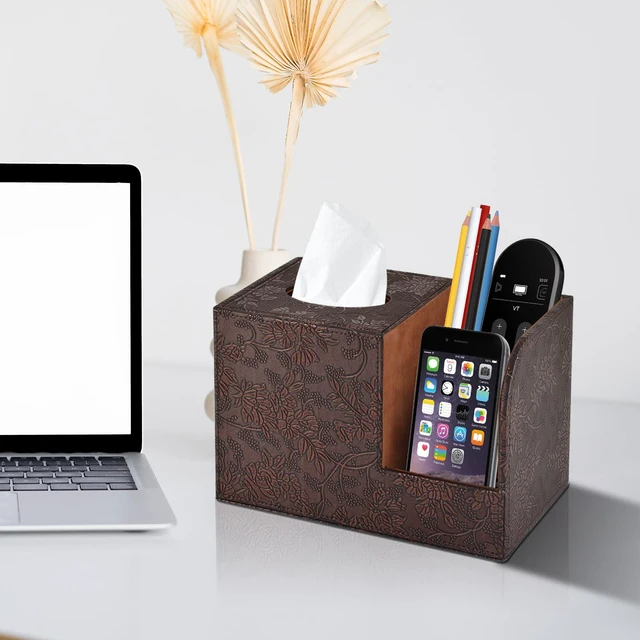 Alt view image 3 of 6 - PU Leather Tissue Box Cover Square Tissue Holder Tissues Box Organizer with 2 Compartment,Remote Control Holder,Multifunctional Decorative Tissue Box Covers Cube,Home Office Desktop Storage Box,Retro