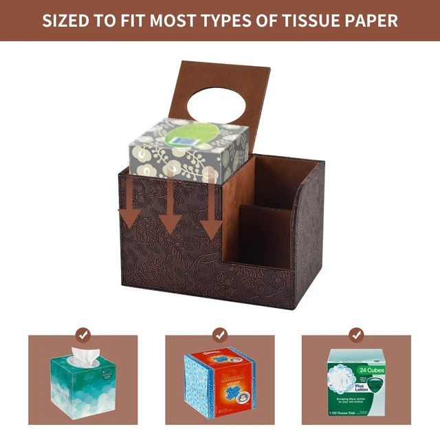 Alt view image 4 of 6 - PU Leather Tissue Box Cover Square Tissue Holder Tissues Box Organizer with 2 Compartment,Remote Control Holder,Multifunctional Decorative Tissue Box Covers Cube,Home Office Desktop Storage Box,Retro