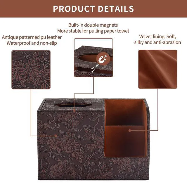 Alt view image 5 of 6 - PU Leather Tissue Box Cover Square Tissue Holder Tissues Box Organizer with 2 Compartment,Remote Control Holder,Multifunctional Decorative Tissue Box Covers Cube,Home Office Desktop Storage Box,Retro