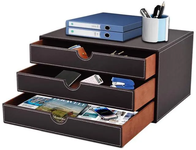 Main image of PU Leather Desk Organizer with 3 Drawers,Executive Office Supplies Desktop Filing A4 File Cabinet/Holder for Jewelry/Bill/Paper/Documents/Makeup Home Decor Stationery Storage Box,Brown