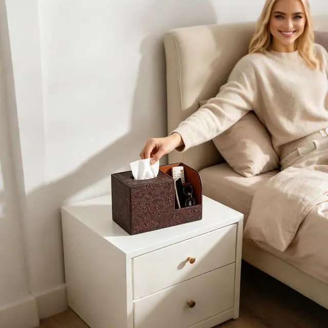 Alt view image 6 of 6 - PU Leather Tissue Box Cover Square Tissue Holder Tissues Box Organizer with 2 Compartment,Remote Control Holder,Multifunctional Decorative Tissue Box Covers Cube,Home Office Desktop Storage Box,Retro