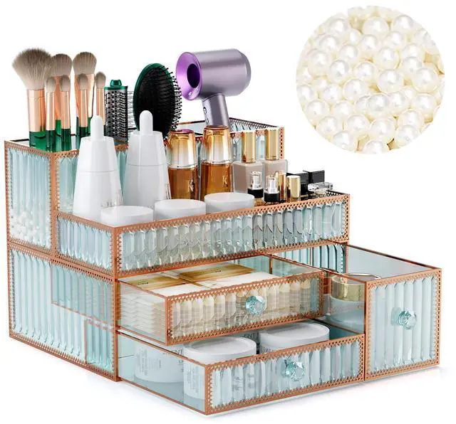 Main image of Youdepot Makeup Organizer Countertop - Tempered Glass Vanity Organizer for Cosmetics, Skincare, Hair Tools, Brushes, Perfume - Multipurpose Bathroom Counter Skincare Organizer