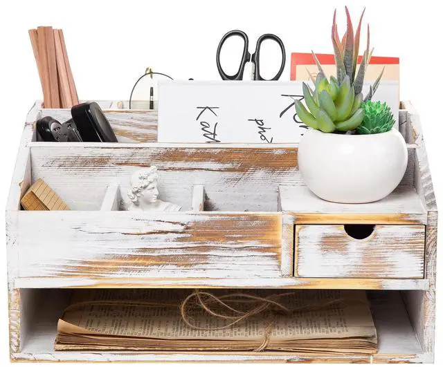 Main image of Wood Desk Drawer Organizers with File Organizer Pen holder Office Decor combo Organization Home Can Arrange calculators scissors pens note papers, etc. (washed white)