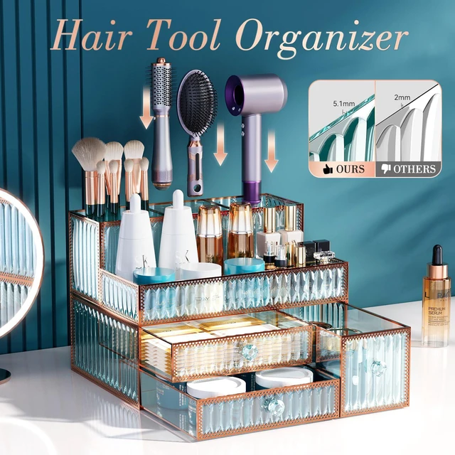 Alt view image 2 of 7 - Youdepot Makeup Organizer Countertop - Tempered Glass Vanity Organizer for Cosmetics, Skincare, Hair Tools, Brushes, Perfume - Multipurpose Bathroom Counter Skincare Organizer