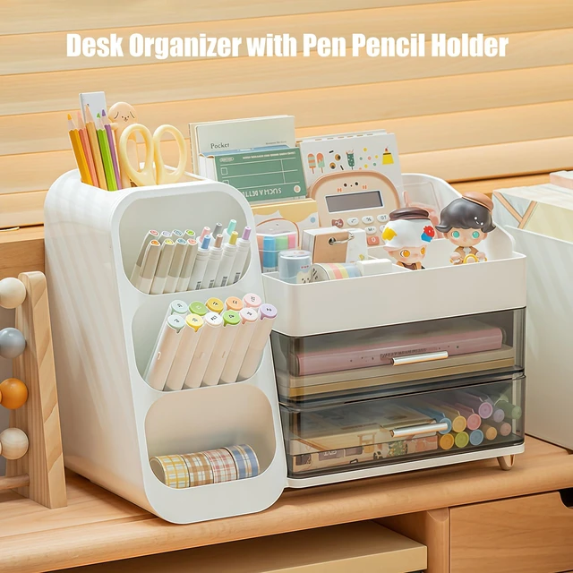 Alt view image 7 of 7 - Desk Organizer with Pen Pencil Holder, Pen Organizer with 2 Drawers & 4 Compartments, Desktop Organizers and Storage for Office Home School Art Supplies (Black)