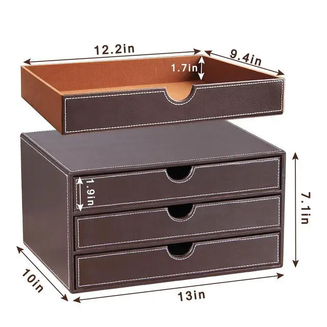 Alt view image 3 of 7 - PU Leather Desk Organizer with 3 Drawers,Executive Office Supplies Desktop Filing A4 File Cabinet/Holder for Jewelry/Bill/Paper/Documents/Makeup Home Decor Stationery Storage Box,Brown
