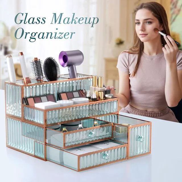 Alt view image 3 of 7 - Youdepot Makeup Organizer Countertop - Tempered Glass Vanity Organizer for Cosmetics, Skincare, Hair Tools, Brushes, Perfume - Multipurpose Bathroom Counter Skincare Organizer