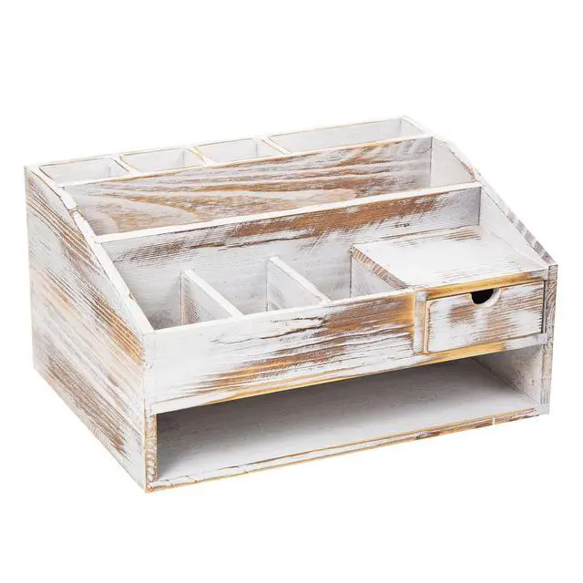 Alt view image 3 of 6 - Wood Desk Drawer Organizers with File Organizer Pen holder Office Decor combo Organization Home Can Arrange calculators scissors pens note papers, etc. (washed white)