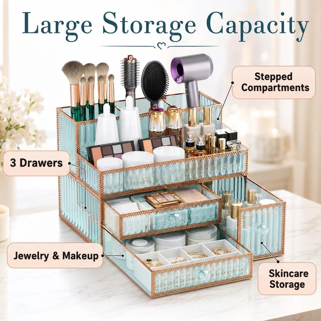 Alt view image 5 of 7 - Youdepot Makeup Organizer Countertop - Tempered Glass Vanity Organizer for Cosmetics, Skincare, Hair Tools, Brushes, Perfume - Multipurpose Bathroom Counter Skincare Organizer