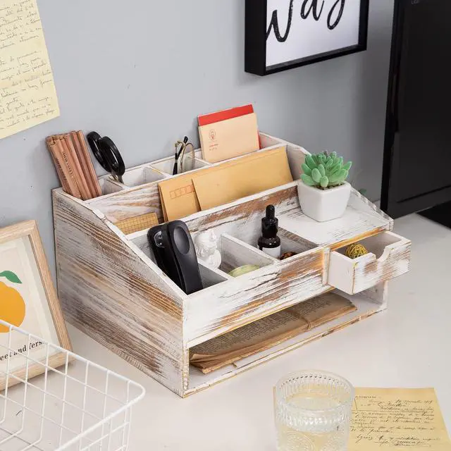 Alt view image 4 of 6 - Wood Desk Drawer Organizers with File Organizer Pen holder Office Decor combo Organization Home Can Arrange calculators scissors pens note papers, etc. (washed white)