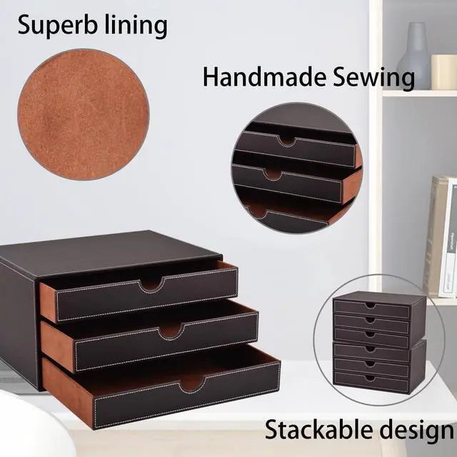 Alt view image 5 of 7 - PU Leather Desk Organizer with 3 Drawers,Executive Office Supplies Desktop Filing A4 File Cabinet/Holder for Jewelry/Bill/Paper/Documents/Makeup Home Decor Stationery Storage Box,Brown