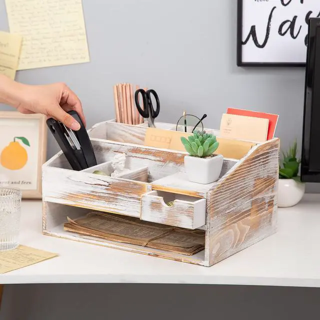 Alt view image 5 of 6 - Wood Desk Drawer Organizers with File Organizer Pen holder Office Decor combo Organization Home Can Arrange calculators scissors pens note papers, etc. (washed white)