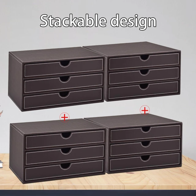 Alt view image 6 of 7 - PU Leather Desk Organizer with 3 Drawers,Executive Office Supplies Desktop Filing A4 File Cabinet/Holder for Jewelry/Bill/Paper/Documents/Makeup Home Decor Stationery Storage Box,Brown