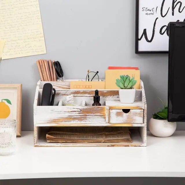 Alt view image 6 of 6 - Wood Desk Drawer Organizers with File Organizer Pen holder Office Decor combo Organization Home Can Arrange calculators scissors pens note papers, etc. (washed white)