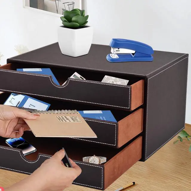 Alt view image 7 of 7 - PU Leather Desk Organizer with 3 Drawers,Executive Office Supplies Desktop Filing A4 File Cabinet/Holder for Jewelry/Bill/Paper/Documents/Makeup Home Decor Stationery Storage Box,Brown