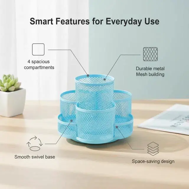 Alt view image 3 of 6 - Grid Desktop Storage Box, 7-Compartment Individual Storage Boxes, Rotatable, Metal Material, 6.89 inches wide, 3.94 inches high (Blue)
