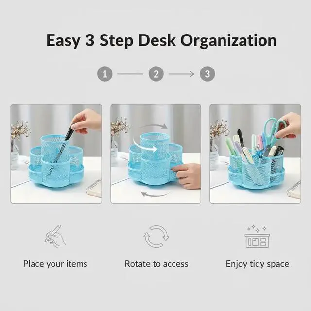 Alt view image 5 of 6 - Grid Desktop Storage Box, 7-Compartment Individual Storage Boxes, Rotatable, Metal Material, 6.89 inches wide, 3.94 inches high (Blue)