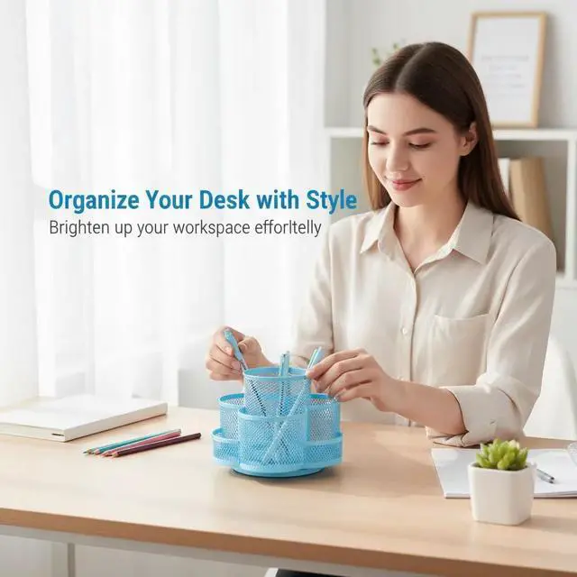 Alt view image 6 of 6 - Grid Desktop Storage Box, 7-Compartment Individual Storage Boxes, Rotatable, Metal Material, 6.89 inches wide, 3.94 inches high (Blue)