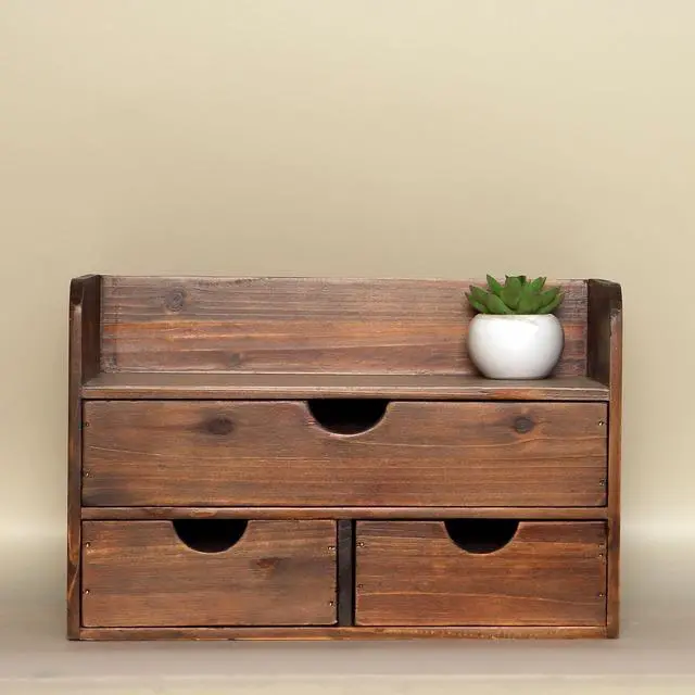 Main image of Brown Wooden 3 Drawer Desk Organizer with Shelf, Mail Rack Vanity Storage