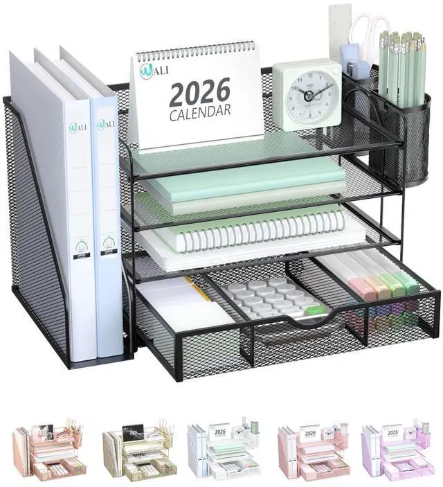 Main image of WALI Desk File Organizer, 4 Tier Desktop Paper Letter Tray Organizer with Drawer and 2 Pen Holders, Office Desk Accessories & Workspace Organizers for Office, Home Supplies(DO005DH-B), 1 Pack, Black