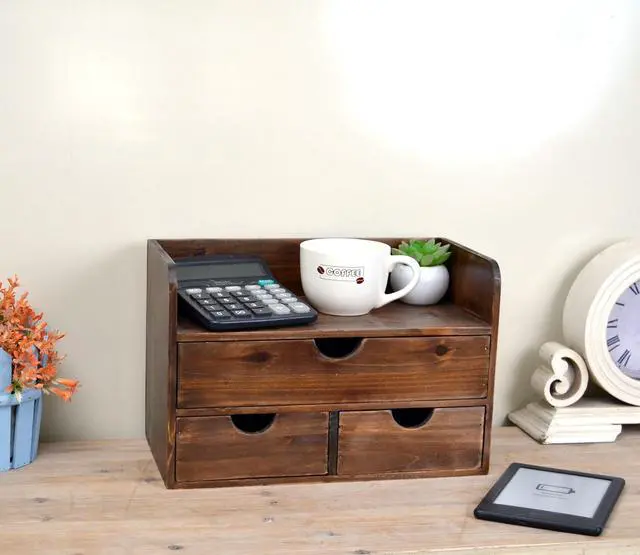 Alt view image 2 of 7 - Brown Wooden 3 Drawer Desk Organizer with Shelf, Mail Rack Vanity Storage