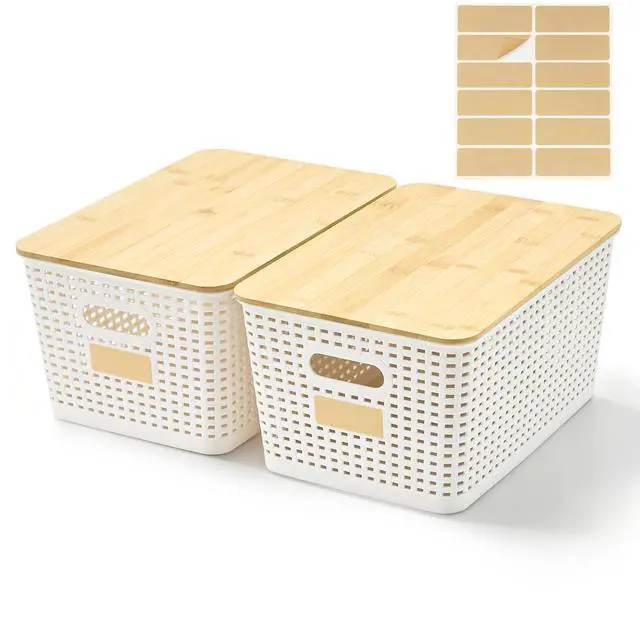 Main image of Bagnizer 2 Pack Tall Plastic Storage Bins with Bamboo Lids, 10.8qt Stackable Storages Baskets for Organizing Desktop Closet Playroom Classroom Office, 12"L x 8.3"W x 6.1"H, Cream White